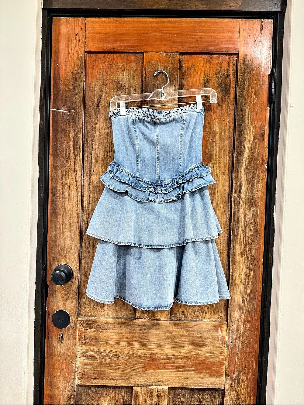 MABLE Tiered Denim Mini Dress in Blue Small NWT